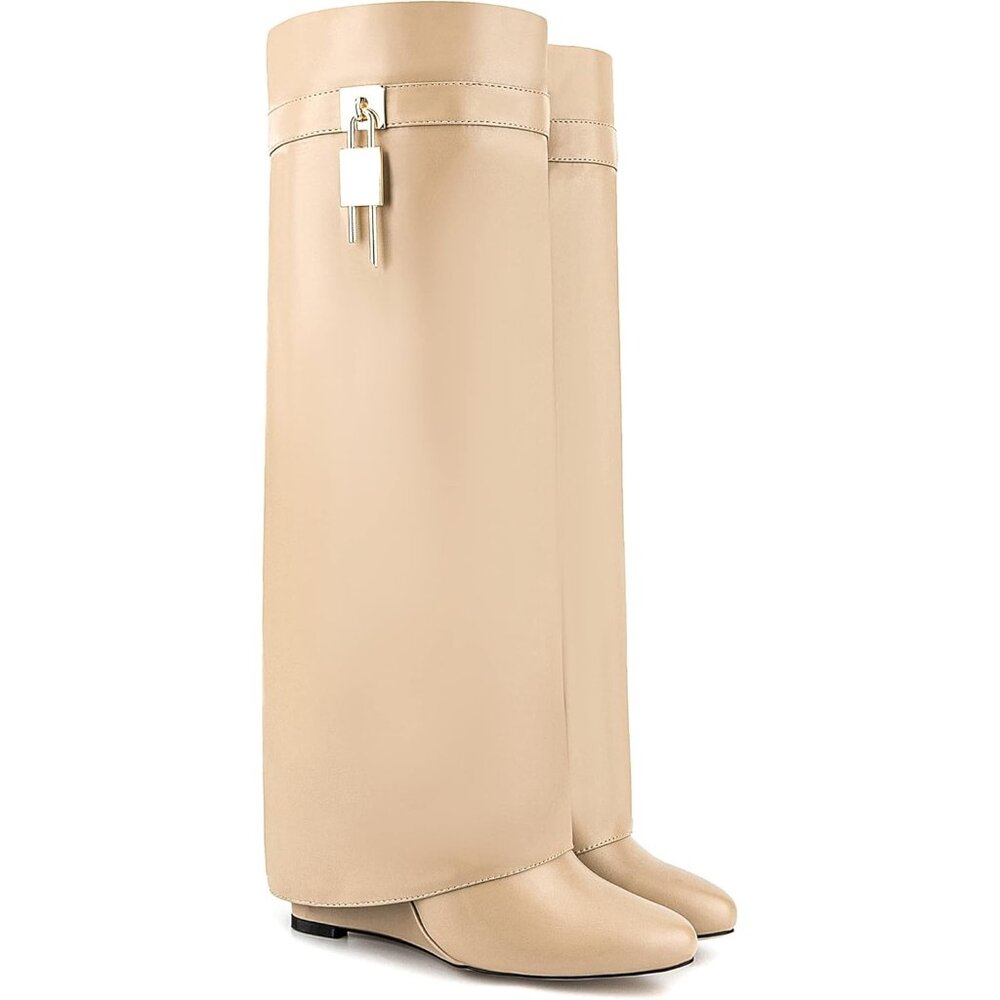 Women's Beige Pointy- Pull Fold Over Wedge Knee Side Zipper Padlock Boot Heel - Picture 3 of 5